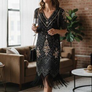 1920's- Style Embellished Black Flapper Dress Size XL